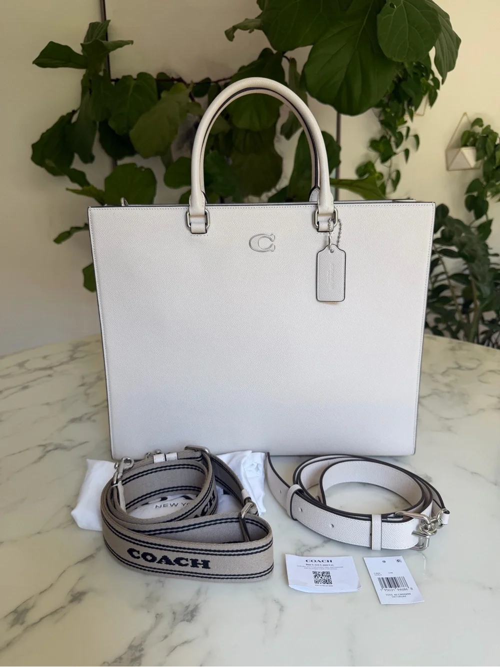 Coach Tote Bag 40 With Signature Canvas Chalk Leather Webbing Strap Unisex CJ844
